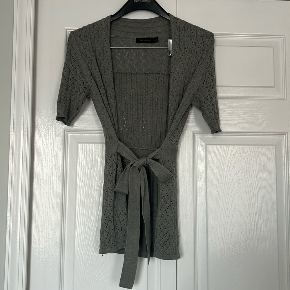 The Limited Gray Short Sleeve Tie Waist Cardigan Sweater XS Open Front Knit